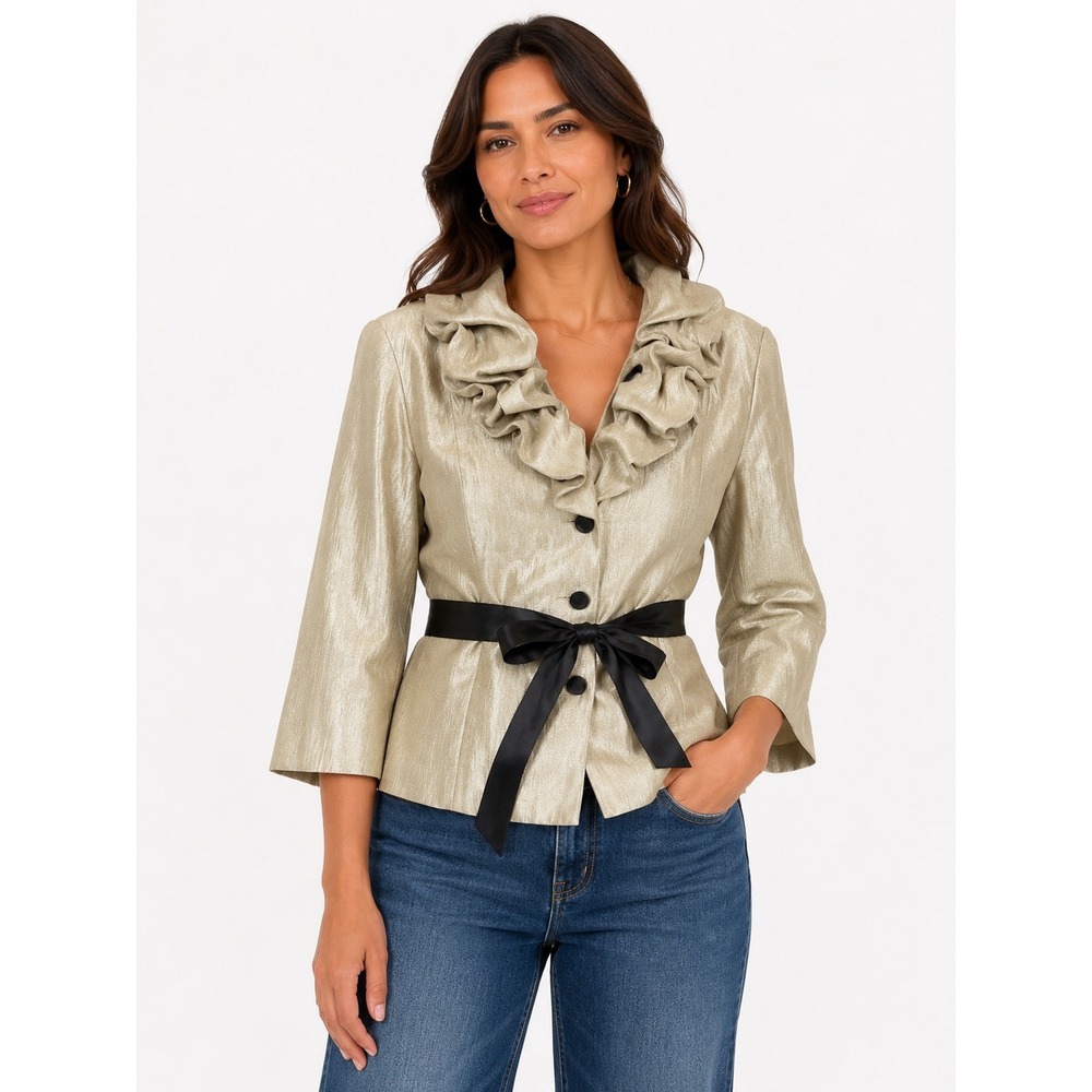 Adrianna Papell Blazer Womens 16 Gold Ruffle Evening Essentials Metallic Glam‎